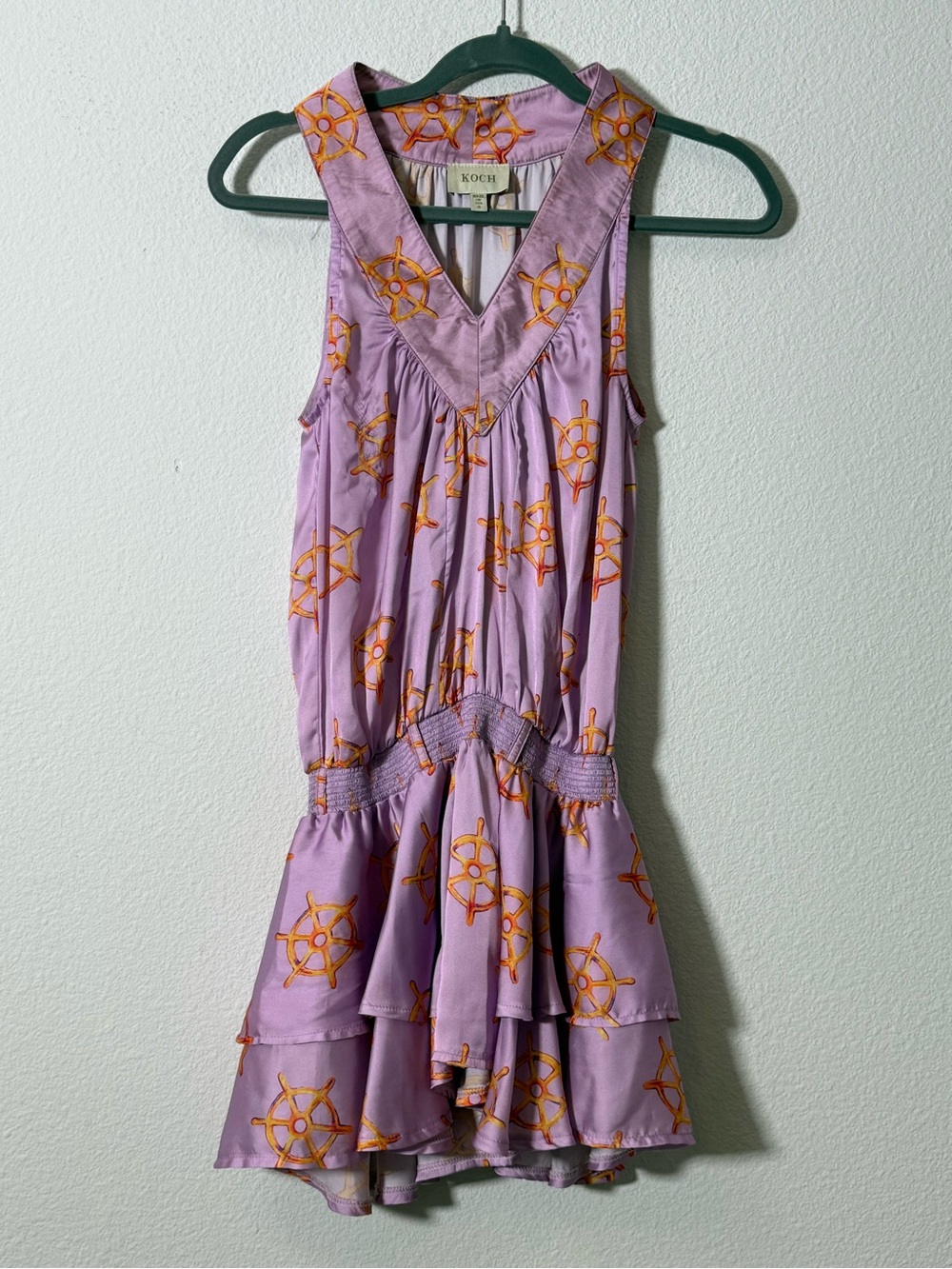 Koch Lilac Nautical Print Silk Blend Sleeveless Tiered Mini Dress Size Small